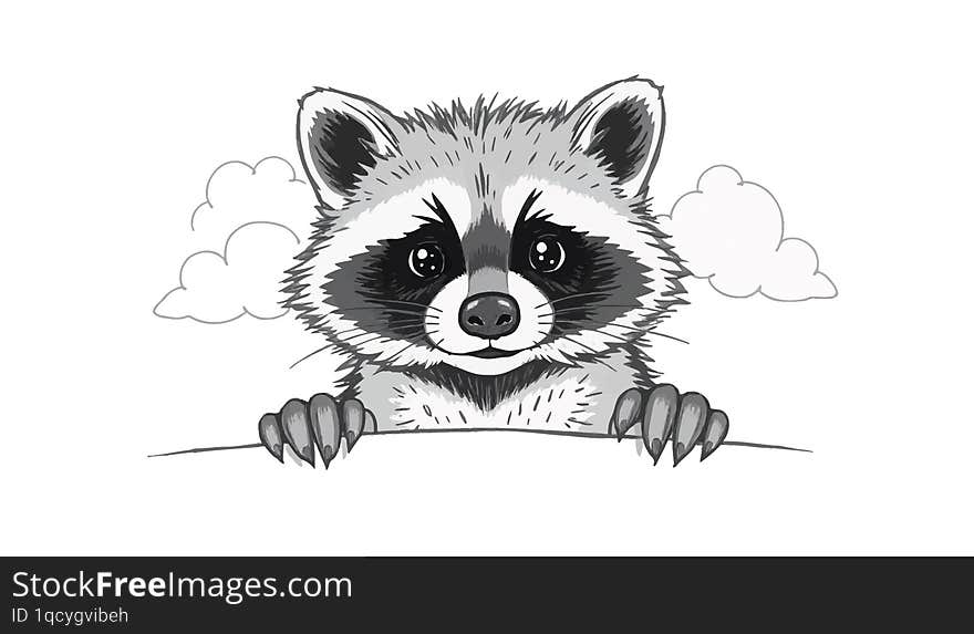 A charming drawing of a playful raccoon peeking with clouds in the background, set against a pure white backdrop