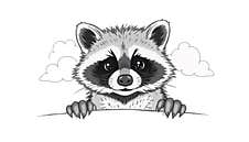 A Charming Drawing Of A Playful Raccoon Peeking With Clouds In The Background, Set Against A Pure White Backdrop Stock Photos