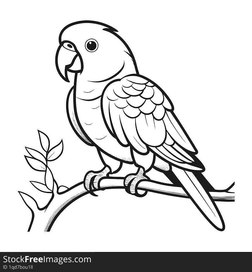 Coloring page of parrot sitting on tree branch