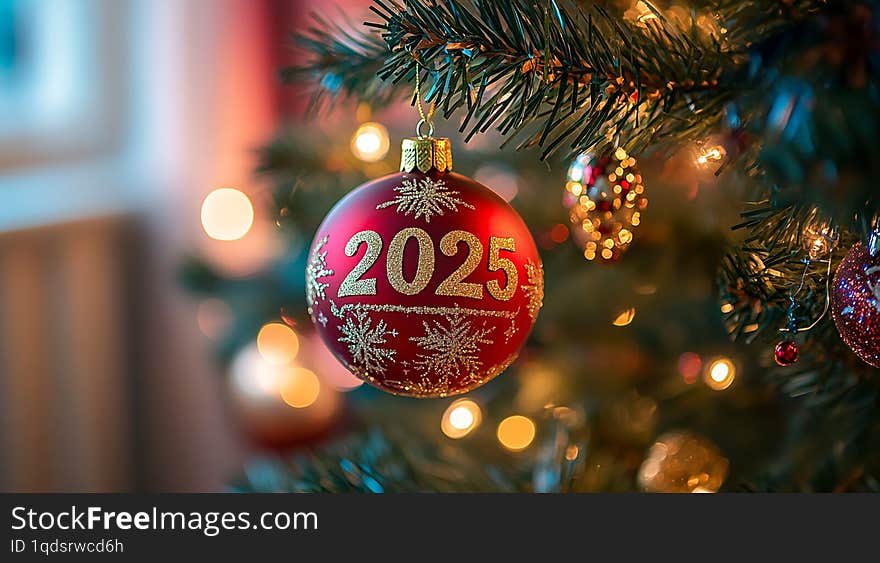 A close-up of a sparkling green Christmas ornament adorned with the golden year "2025" and decorative snowflake patterns. The ornament hangs elegantly on a lush evergreen tree, surrounded by the warm glow of blurred holiday lights, evoking a festive and cheerful atmosphere. A close-up of a sparkling green Christmas ornament adorned with the golden year "2025" and decorative snowflake patterns. The ornament hangs elegantly on a lush evergreen tree, surrounded by the warm glow of blurred holiday lights, evoking a festive and cheerful atmosphere.