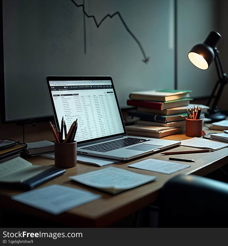 A realistic depiction of a busy home office setup, featuring a whiteboard displaying a downward-trending chart symbolizing financial or business challenges. At the center, a laptop is open with an Excel spreadsheet actively in use, hinting at data analysis or budget planning. The desk is cluttered with stacks of papers, notes, and documents, reflecting an intense work environment. The natural lighting and informal setup convey the everyday hustle of remote work, making this image perfect for themes of home office productivity, financial analysis, or the challenges of managing tasks in a modern workspace. A realistic depiction of a busy home office setup, featuring a whiteboard displaying a downward-trending chart symbolizing financial or business challenges. At the center, a laptop is open with an Excel spreadsheet actively in use, hinting at data analysis or budget planning. The desk is cluttered with stacks of papers, notes, and documents, reflecting an intense work environment. The natural lighting and informal setup convey the everyday hustle of remote work, making this image perfect for themes of home office productivity, financial analysis, or the challenges of managing tasks in a modern workspace.