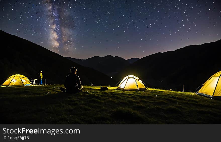 A mesmerizing view of campers enjoying a night under the starry sky and the majestic Milky Way galaxy, nestled in a mountainous re