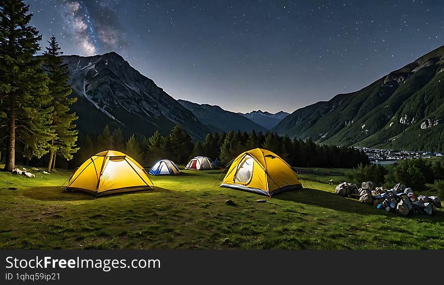 Several illuminated tents are pitched on a grassy field at night, under a star-filled sky with the Milky Way visible, surrounded by majestic mountains.An AI generated Image