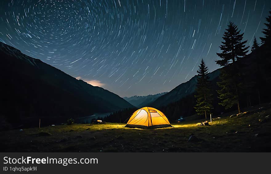 A lone illuminated tent sits in a mountain meadow under a breathtaking night sky filled with star trails. The scene is peaceful an