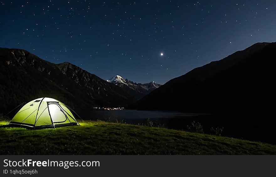 A brightly lit tent sits on a grassy hill overlooking a calm lake nestled between majestic mountains under a breathtaking starry n