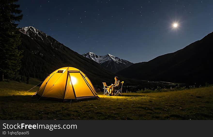 A person sits in a camping chair outside a lit tent at night, working on a laptop under a starry sky with mountains in the backgro