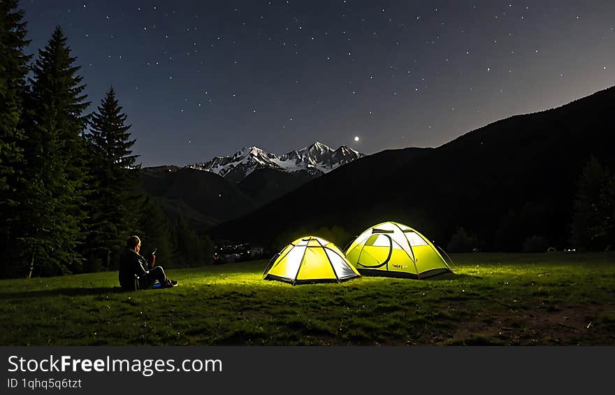 A person sits near two illuminated tents under a starry night sky, with a mountain range in the background.An AI generated Image