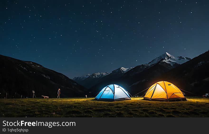 Two illuminated tents are pitched in a grassy field under a starlit sky, with a majestic mountain range in the background.An AI ge