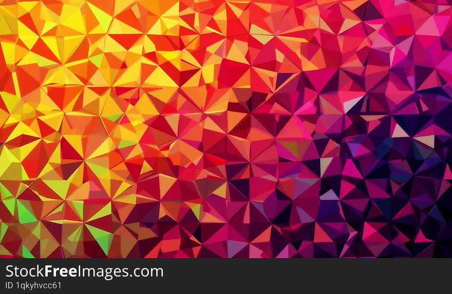 A captivating blend of warm and cool colors creates a mesmerizing lowpoly effect. Triangles shimmer with red, orange, yellow, and