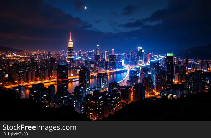 A breathtaking nighttime view of a city skyline, glowing with vibrant lights and crisscrossing bridges. The scene evokes a sense of energy and urban beauty