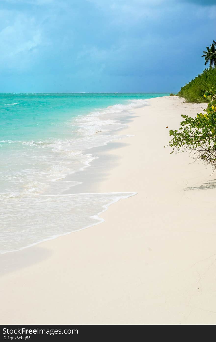 A stunning tropical beach in the Maldives with white sand, crystal-clear turquoise waters, and gently swaying palm trees under a b