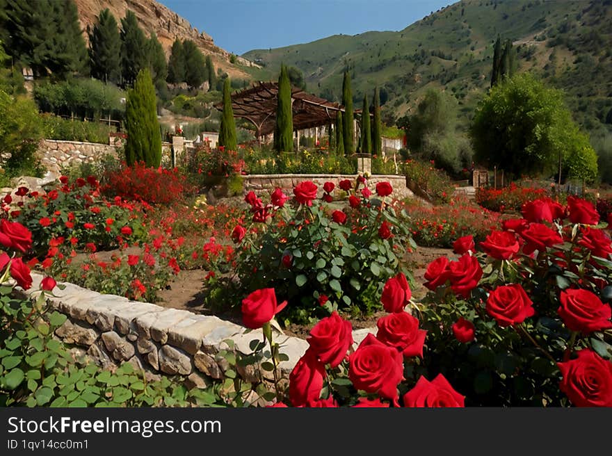 A stunning red rose garden bursts with vibrant blooms, each petal rich in deep crimson hues. The sweet fragrance fills the air as