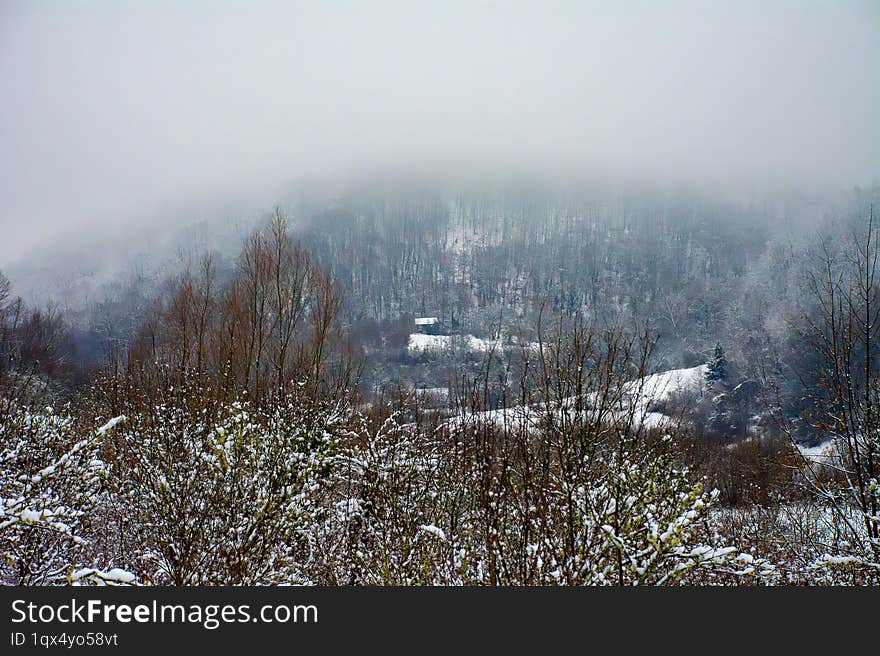 Winter landscape and lonely houses on the hill