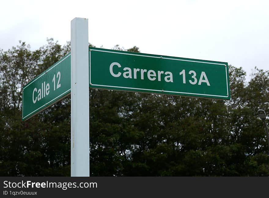 A green street signpost displays two intersecting street names in white lettering: Calle 12 on one sign and Carrera 13A on the other. The signs are mounted on a white post against a blurred background of green trees and an overcast sky. A green street signpost displays two intersecting street names in white lettering: Calle 12 on one sign and Carrera 13A on the other. The signs are mounted on a white post against a blurred background of green trees and an overcast sky.