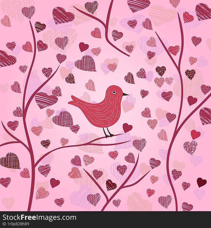 Valentine s Day background with bird and colorful hearts for greeting cards and gift design