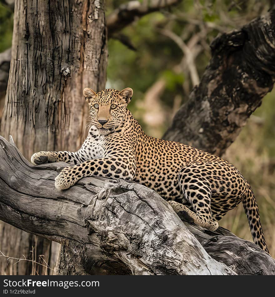 A stunning depiction of a leopard lying on a tree trunk in the lush Okavango Delta, Botswana. The leopard's piercing eyes keenly observe its surroundings, blending seamlessly into the verdant backdrop of the delta's rich vegetation.