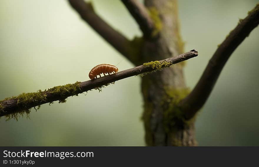 A silkworm stands on a tree branch