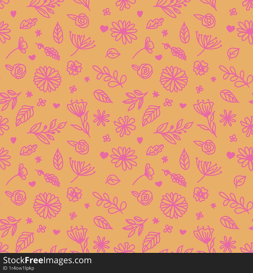 Pink flowers leaf pattern cute line orange