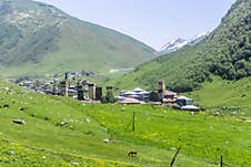 Ushguli Village In A Gorge Between Mountains. Green Fields With Yellow Flowers. Snow Capped Mountains In The Background Stock Photography