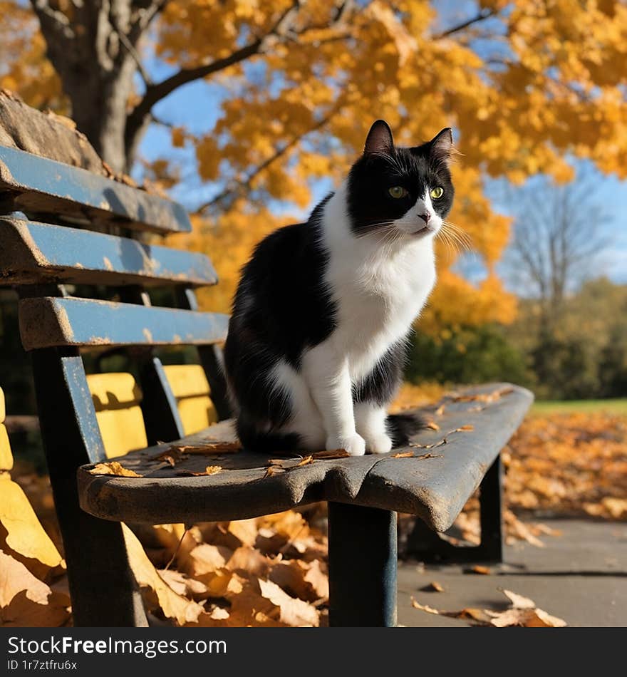 In the picture you can see a cat, whose color is presented in black and white. He sat on a wooden bench in the park.