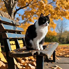 In The Picture You Can See A Cat, Whose Color Is Presented In Black And White. He Sat On A Wooden Bench In The Park. Stock Images