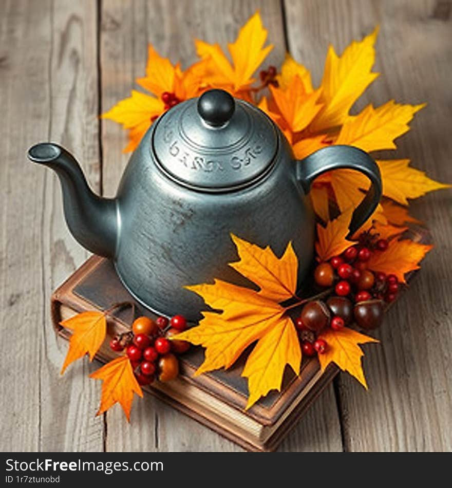 In this picture, we see a gray metal teapot with a handle and spout, which stands on a wooden book. The book is lying on a wooden surface, and autumn leaves are scattered around it. These leaves are colored in a variety of shades of orange, yellow and red, which symbolizes the autumn palette. There are also some red berries on the book, which add even more color to the picture. The overall mood of the image is cozy and autumnal. In this picture, we see a gray metal teapot with a handle and spout, which stands on a wooden book. The book is lying on a wooden surface, and autumn leaves are scattered around it. These leaves are colored in a variety of shades of orange, yellow and red, which symbolizes the autumn palette. There are also some red berries on the book, which add even more color to the picture. The overall mood of the image is cozy and autumnal.