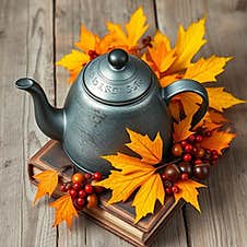 This Canvas Shows A Gray Metal Teapot With A Handle And Spout, Which Stands On A Wooden Stand In The Form Of A Book. Stock Images