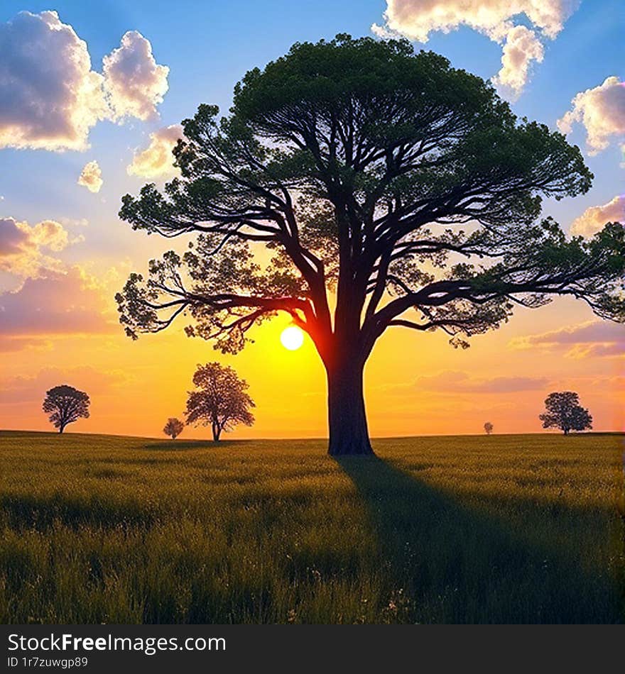 This image shows a picturesque landscape with a majestic tree standing in the center of the field. The tree stands out for its height, powerful trunk and dense crown covered with green leaves. The sun slowly sets behind a tree, filling the stage with a warm orange glow. The sky overhead is decorated with fluffy white clouds, and in the distance you can see the horizon. The field is dotted with tall grass and wildflowers, and small trees are scattered along its edges. The overall mood of the painting is peaceful and serene. This image shows a picturesque landscape with a majestic tree standing in the center of the field. The tree stands out for its height, powerful trunk and dense crown covered with green leaves. The sun slowly sets behind a tree, filling the stage with a warm orange glow. The sky overhead is decorated with fluffy white clouds, and in the distance you can see the horizon. The field is dotted with tall grass and wildflowers, and small trees are scattered along its edges. The overall mood of the painting is peaceful and serene.