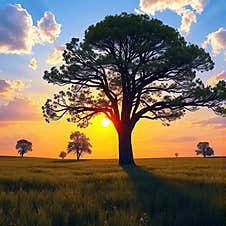 In This Photo, You Can See A Beautiful View: In The Center Of The Field Stands A Majestic Tree. Stock Image