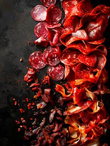 Meat Slices Including Prosciutto, Salami, And Ham On A Wooden Board. Rustic Setup With Scattered Herbs And Olives. Low-angle View, Stock Photos