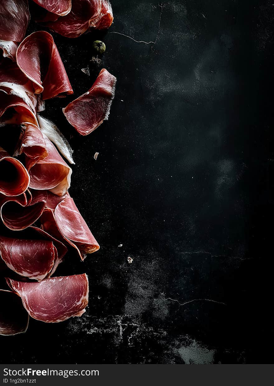 Meat slices including prosciutto, salami, and ham on a wooden board. Rustic setup with scattered herbs and olives. Low-angle view, moody lighting, empty center for text, generated with the use of an AI