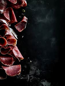 Meat Slices Including Prosciutto, Salami, And Ham On A Wooden Board. Rustic Setup With Scattered Herbs And Olives. Low-angle View, Royalty Free Stock Images