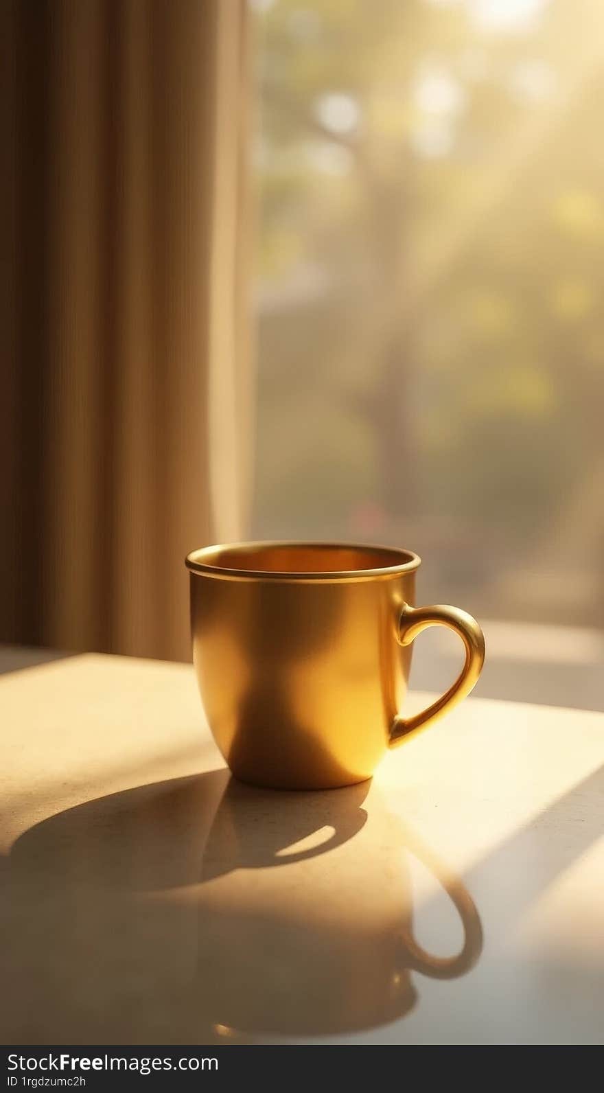 Image features a beautifully lit cup of tea in a Golden ceramic cup with a handle