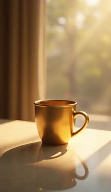 Image Features A Beautifully Lit Cup Of Tea In A Golden Ceramic Cup With A Handle Royalty Free Stock Image