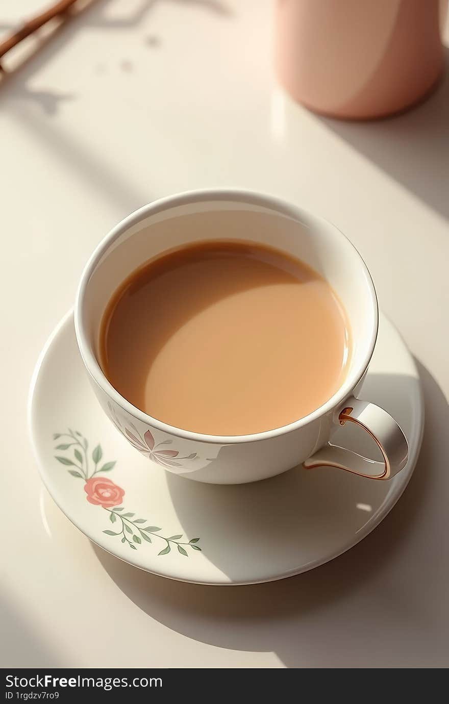 Image features a beautifully lit cup of tea in a white ceramic cup with a handle