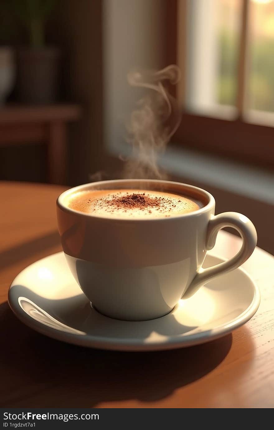 A steaming cup of tea is elegantly lit, sitting in a white ceramic cup with a handle. The cup rests on a matching saucer, both reflecting soft, warm light. Cinnamon or similar spice is sprinkled on the frothy surface, adding texture and visual interest. The background suggests a cozy, sunlit interior setting with a window and wooden surfaces. The overall ambiance conveys warmth and comfort. A steaming cup of tea is elegantly lit, sitting in a white ceramic cup with a handle. The cup rests on a matching saucer, both reflecting soft, warm light. Cinnamon or similar spice is sprinkled on the frothy surface, adding texture and visual interest. The background suggests a cozy, sunlit interior setting with a window and wooden surfaces. The overall ambiance conveys warmth and comfort.