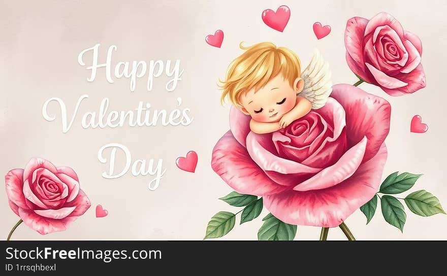 Valentine s day card withcute little Cupid in love heart in flower Vector illustration