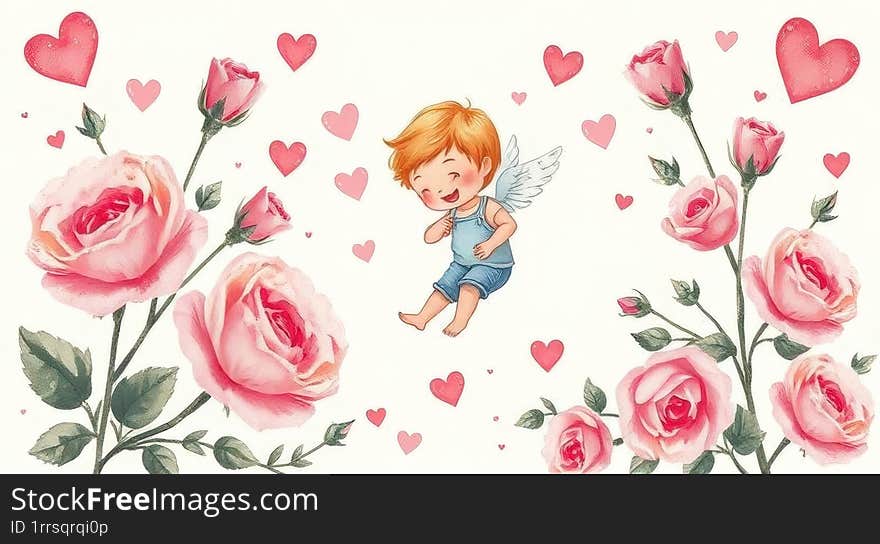 Valentine s day card withcute little Cupid in love heart in flower Vector illustration