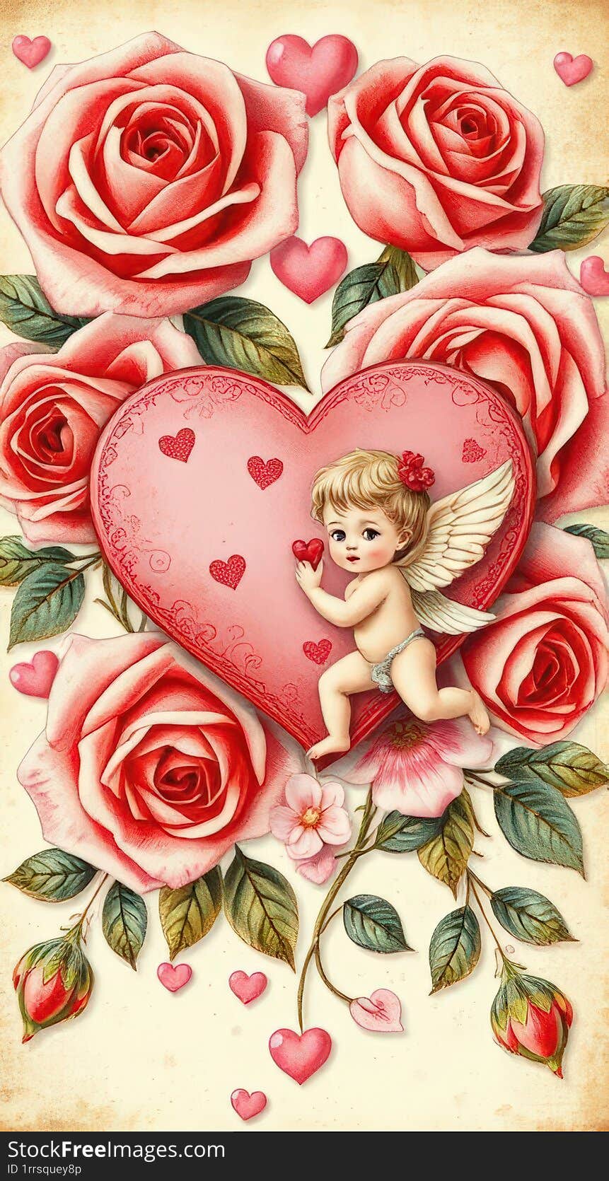 Valentine s day card withcute little Cupid in love heart in flower Vector illustration