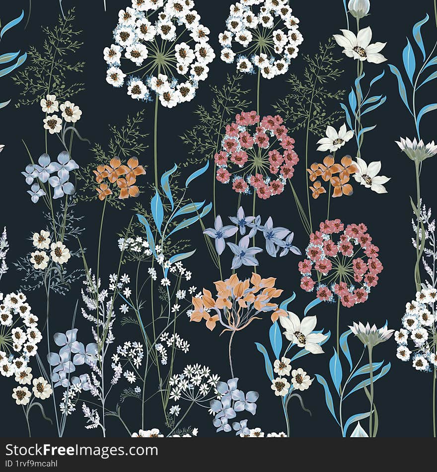 Blooming midsummer meadow seamless pattern. Plant background for fashion prints