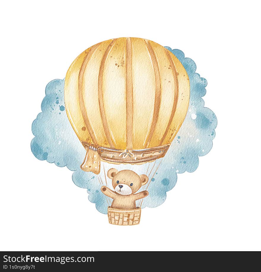 A teddy bear is joyfully floating in a hot air balloon, surrounded by soft blue clouds. The warm colors of the balloon contrast wi