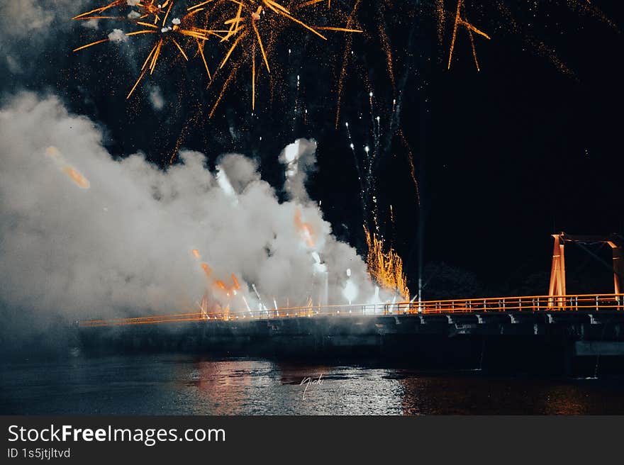 Spectacular Fireworks Over the Bridge