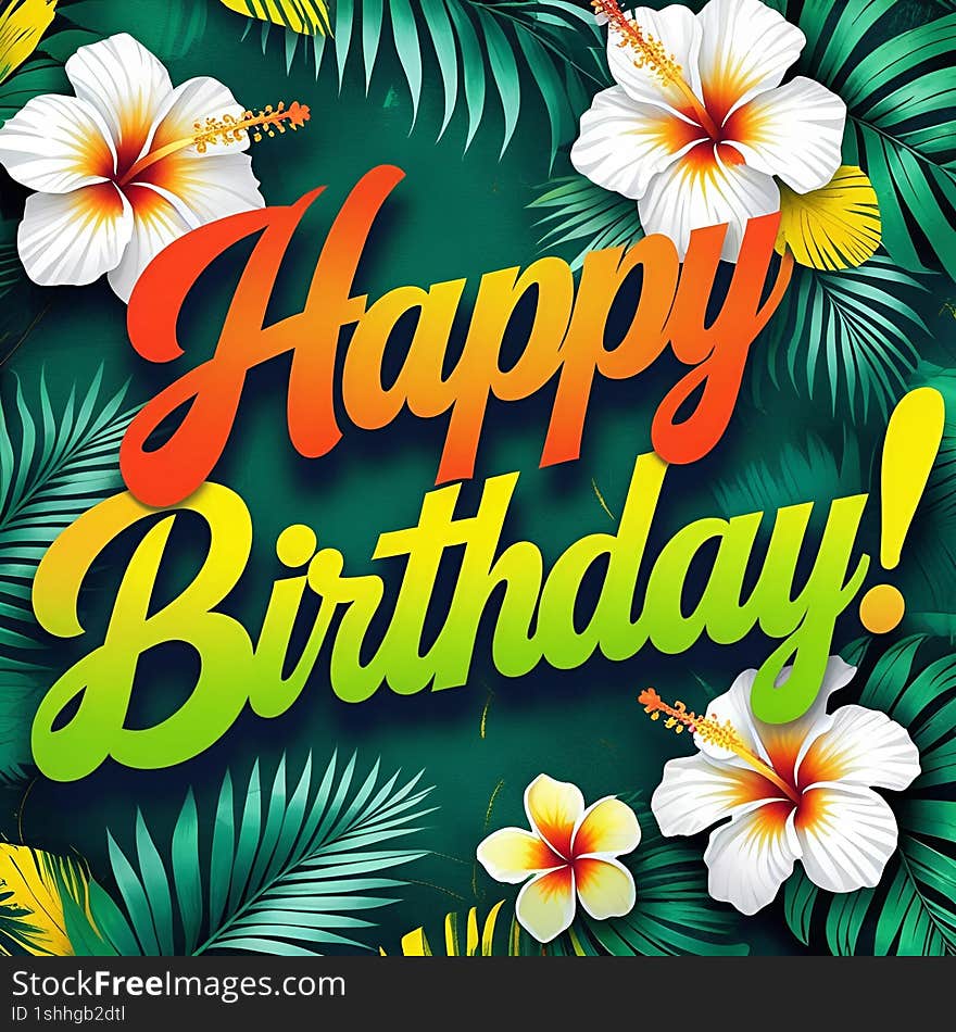 Hibiscus flowers and leaves, illustration style, green background. Concept of tropical birthday celebration