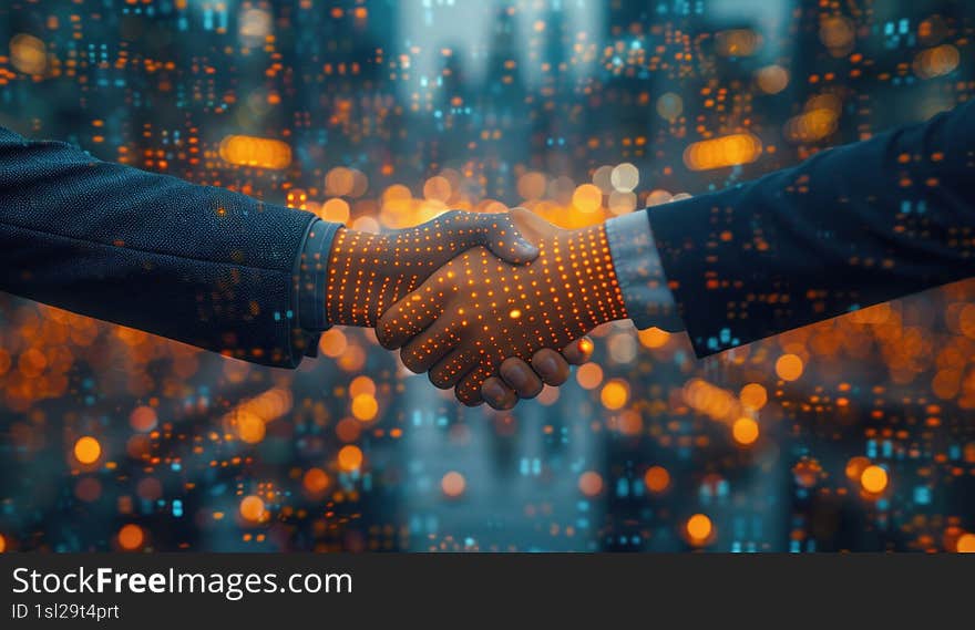 Two businessmen handshake on technology animated background with growing graphs and stock prices. Technology background