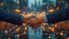 Two Businessmen Handshake On Technology Animated Background With Growing Graphs And Stock Prices. Technology Background Royalty Free Stock Images