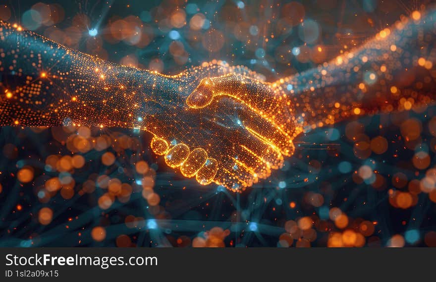 Two businessmen handshake on technology animated background with growing graphs and stock prices. Technology background