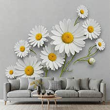 A Beautiful 3D-rendered Wallpaper Featuring White Chamomile Flowers On A Textured Canvas. The Soft Grey Background Enhances The Fl Royalty Free Stock Images