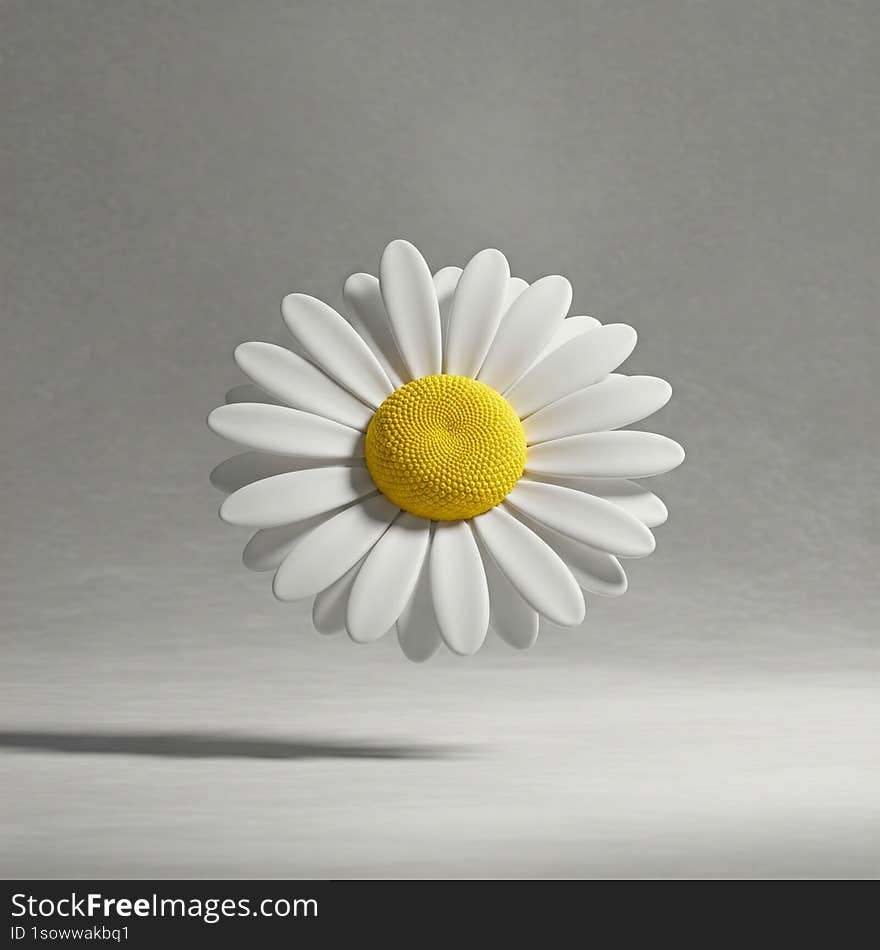 A minimalist 3D digital wallpaper showcasing delicate white chamomile flowers against an abstract grey canvas. The high-resolution