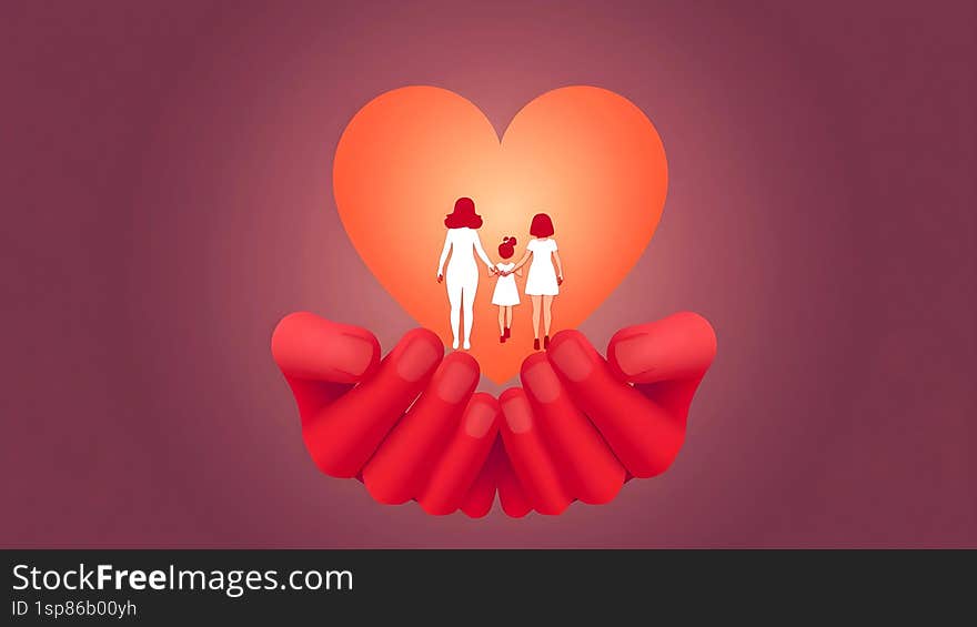 Heart transforming into hands cradling a family in warm red and peach tones