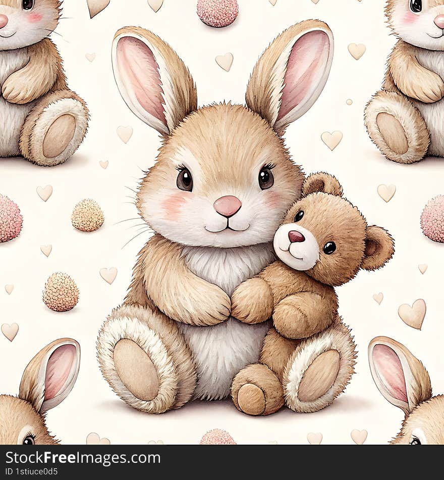 cute bunny rabbit seamless watercolor Cute baby bunny rabbit cuddling with teddy bear, surrounded by hearts